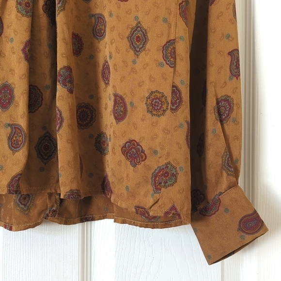 Anne Klein 80's Vintage Silky Paisley Printed Pleated Turtleneck Blouse Brown SP - Picture 8 of 13